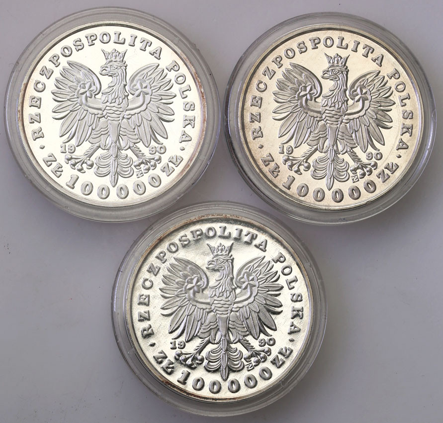 III RP. 100.000 złotych 1990 T. Kościuszko, F. Chopin, J. Piłsudski KOMPLET